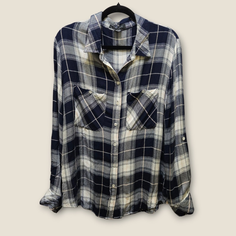 Sanctuary‎ Womens Blue Plaid Flannel Long Sleeve Button Up Shirt Tomboy Size L